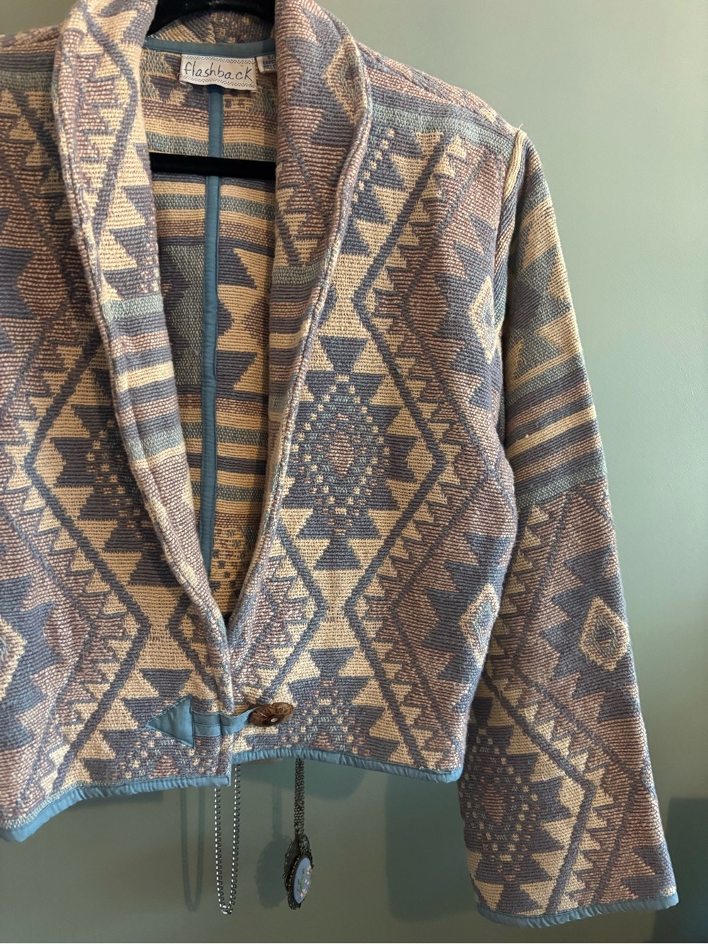 Vintage Patterned Tapestry Southwestern Cropped Jacket Beige Blue Size Small - Picture 5 of 8